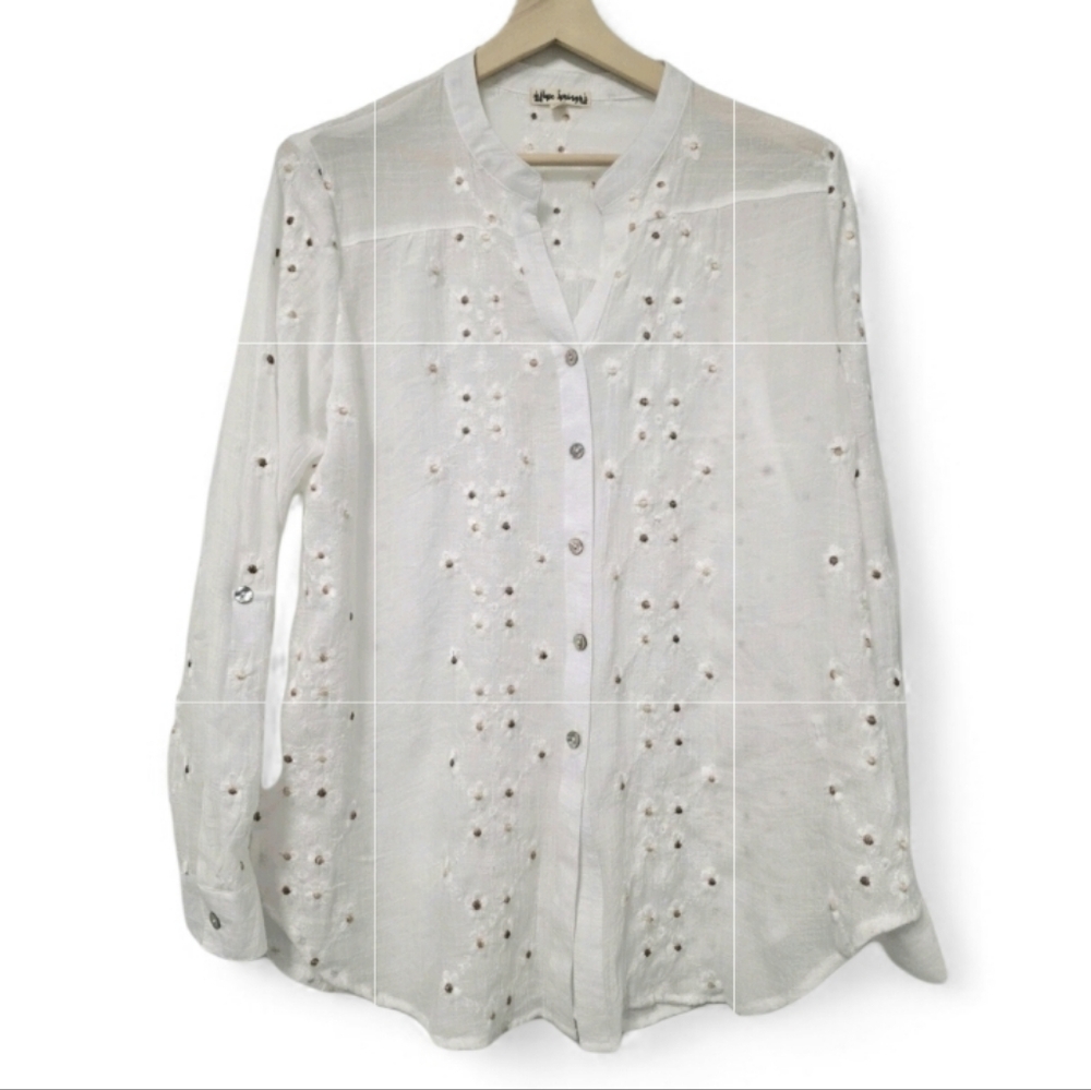 Womens Embroidered Crinkle White Blouse Button Up Gauze Sheer Flower Size Large